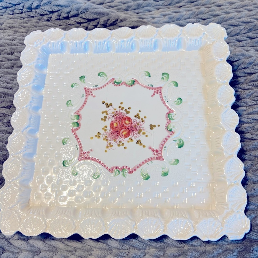 Square Pedestal Cake Pastry Stand Plate Seashell Edge Italy 12”x12”x4”